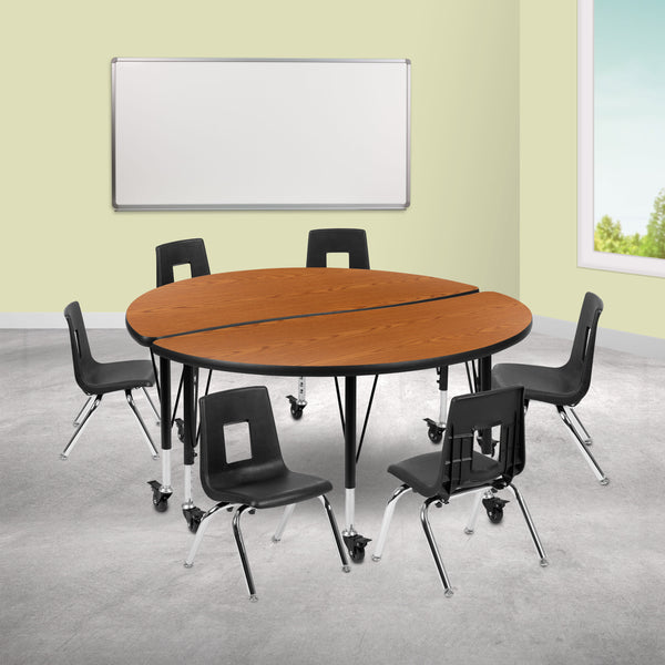 Oak |#| Mobile 47.5inch Circle Wave Activity Table Set-12inch Student Stack Chairs, Oak/Black