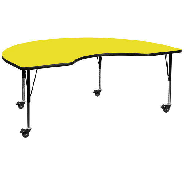 Yellow |#| Mobile 48inchW x 72inchL Kidney Yellow HP Laminate Adjustable Activity Table