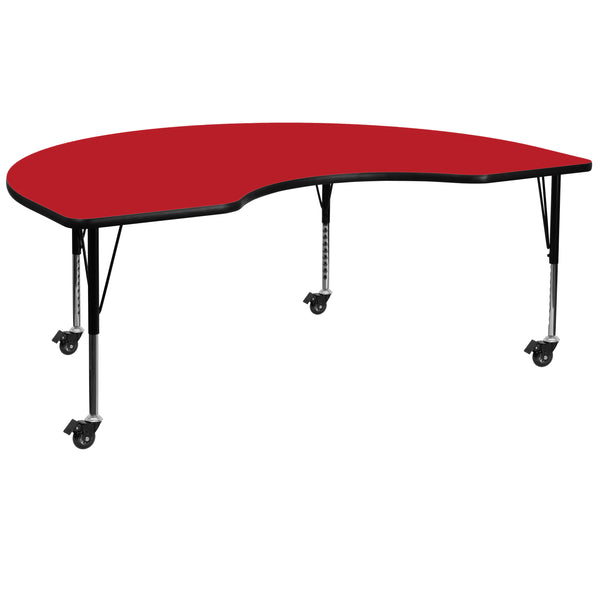 Red |#| Mobile 48inchW x 96inchL Kidney Red HP Laminate Activity Table-Height Adjustable Legs