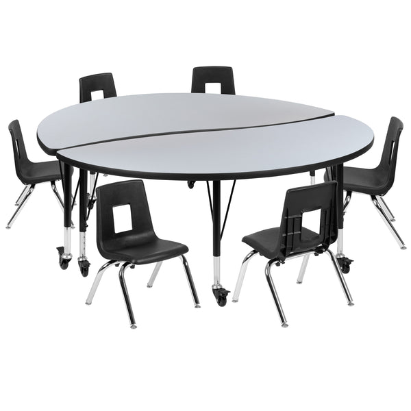 Grey |#| Mobile 60inch Circle Wave Activity Table Set-12inch Student Stack Chairs, Grey/Black