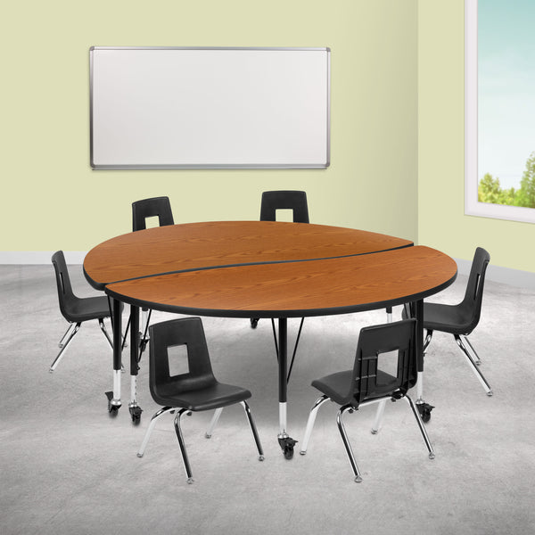 Oak |#| Mobile 60inch Circle Wave Activity Table Set-12inch Student Stack Chairs, Oak/Black