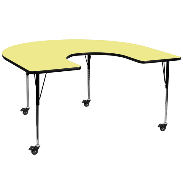 Yellow |#| Mobile 60inchW x 66inchL Horseshoe Yellow Thermal Laminate Adjustable Activity Table