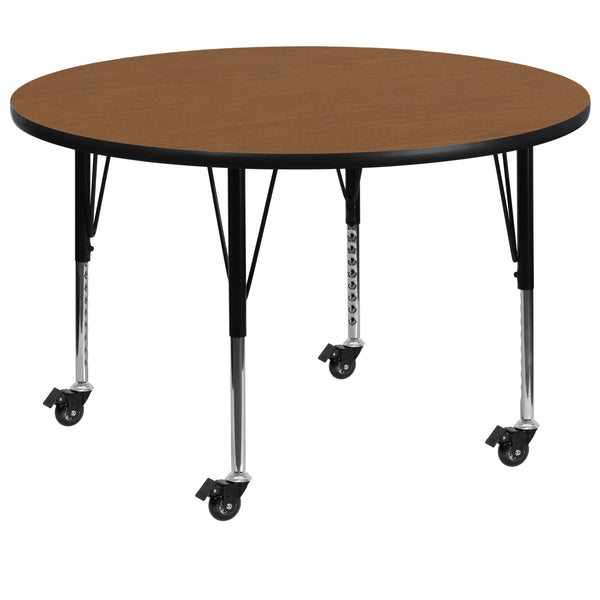Oak |#| Mobile 60inch Round Oak Thermal Laminate Activity Table - Height Adjustable Legs
