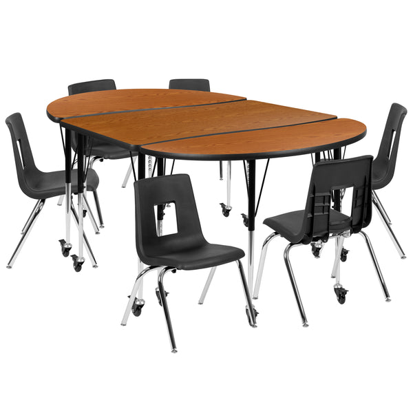 Oak |#| Mobile 76inch Oval Wave Activity Table Set-16inch Student Stack Chairs, Oak/Black