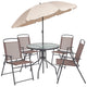 Brown |#| 6 Piece Brown Patio Garden Set with Umbrella Table and Set of 4 Folding Chairs