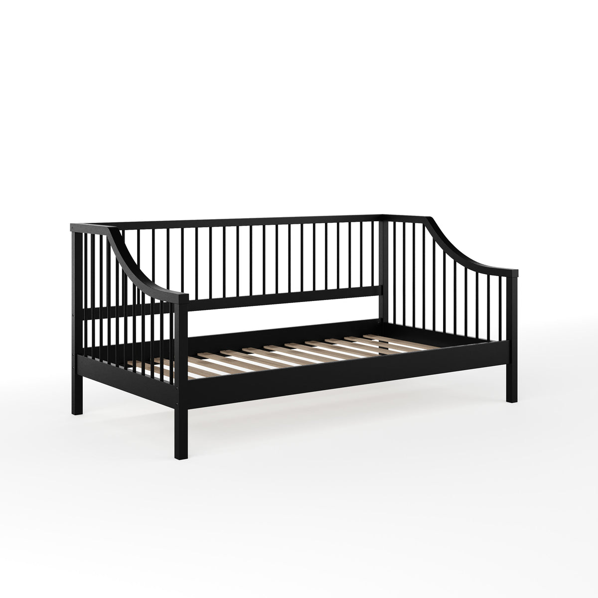 Black |#| Wooden Twin Size Platform Daybed with Spindles and Wood Slat Foundation in Black