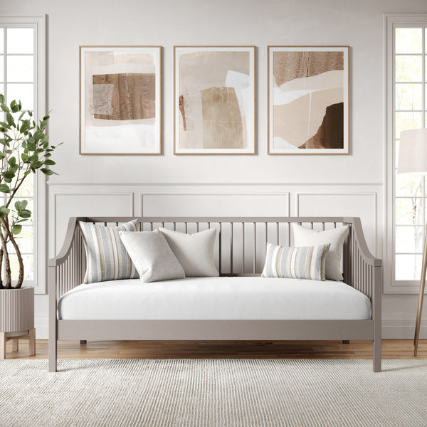 Gray |#| Wooden Twin Size Platform Daybed with Spindles and Wood Slat Foundation in Gray