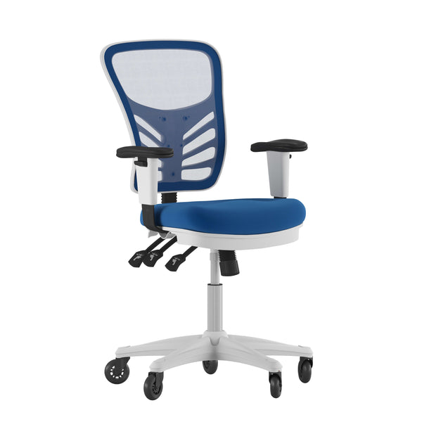 Blue Mesh/White Frame |#| Mid-Back Ergonomic Multifunction Mesh Chair with Polyurethane Wheels-Blue