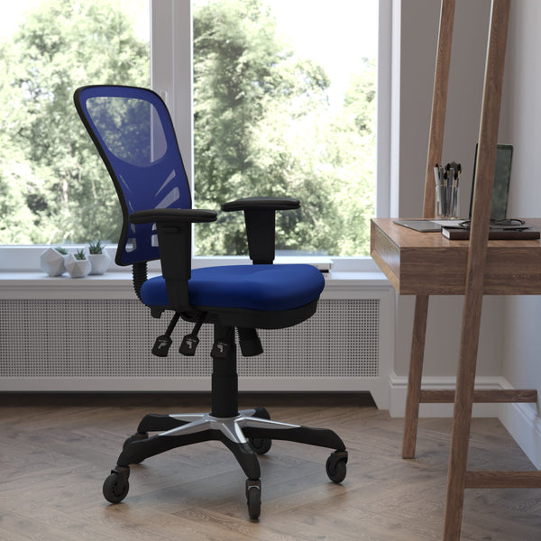 Blue/Black Frame |#| Mid-Back Ergonomic Multifunction Mesh Chair with Polyurethane Wheels-Blue