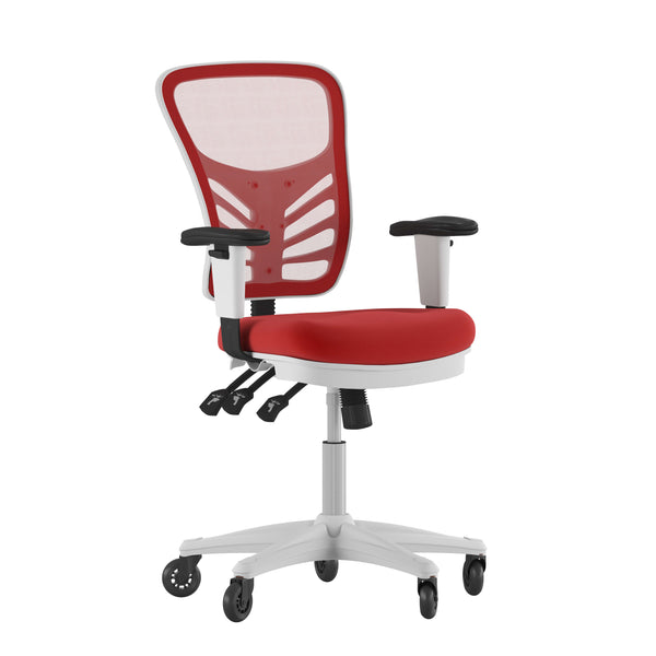 Red Mesh/White Frame |#| Mid-Back Ergonomic Multifunction Mesh Chair with Polyurethane Wheels-Red