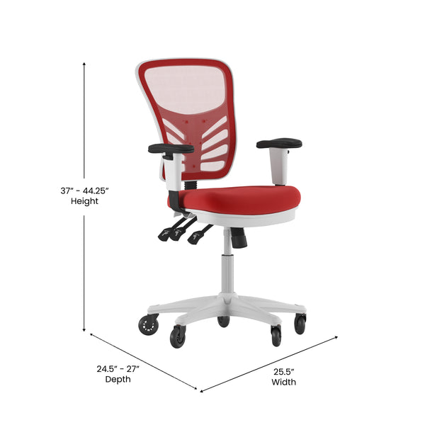 Red Mesh/White Frame |#| Mid-Back Ergonomic Multifunction Mesh Chair with Polyurethane Wheels-Red