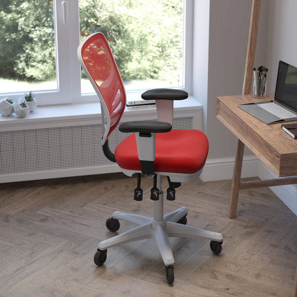 Red Mesh/White Frame |#| Mid-Back Ergonomic Multifunction Mesh Chair with Polyurethane Wheels-Red