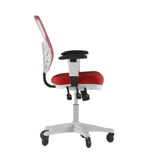 Red Mesh/White Frame |#| Mid-Back Ergonomic Multifunction Mesh Chair with Polyurethane Wheels-Red