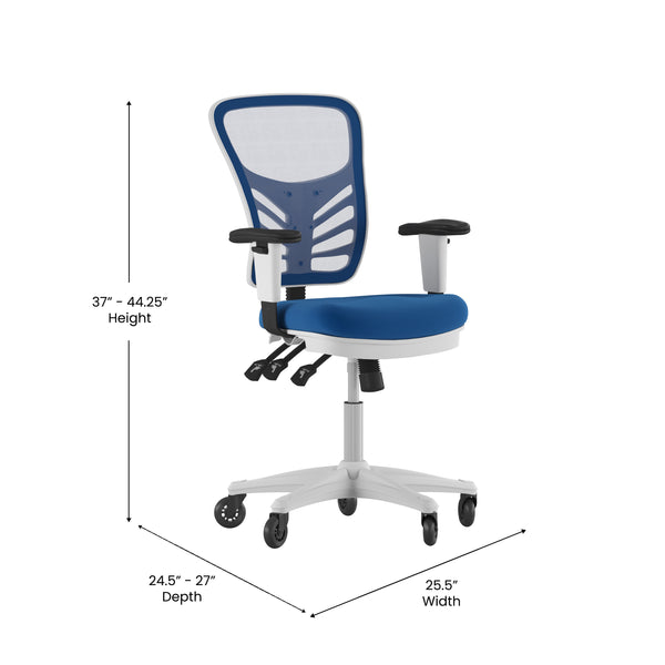 Blue Mesh/White Frame |#| Mid-Back Ergonomic Multifunction Mesh Chair with Polyurethane Wheels-Blue