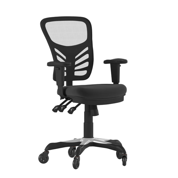 Black/Black Frame |#| Mid-Back Ergonomic Multifunction Mesh Chair with Polyurethane Wheels-Black