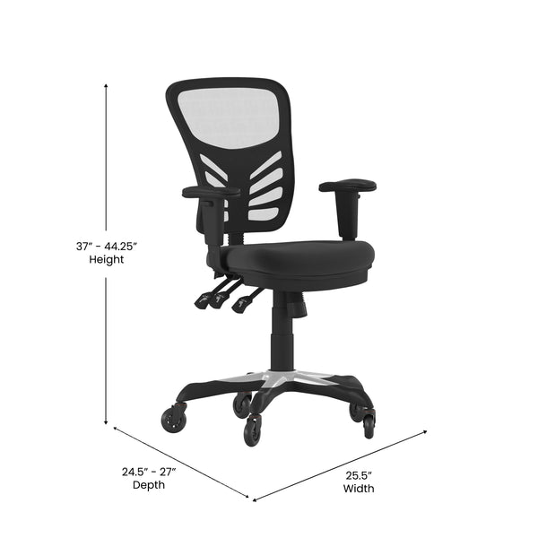 Black/Black Frame |#| Mid-Back Ergonomic Multifunction Mesh Chair with Polyurethane Wheels-Black