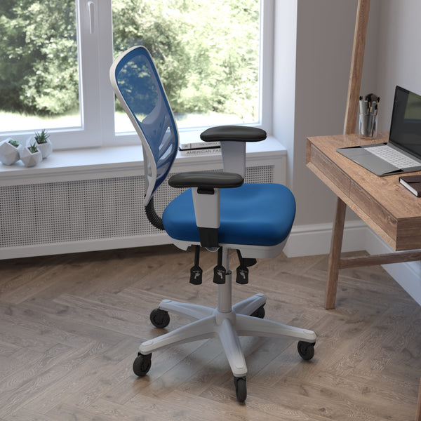 Blue Mesh/White Frame |#| Mid-Back Ergonomic Multifunction Mesh Chair with Polyurethane Wheels-Blue