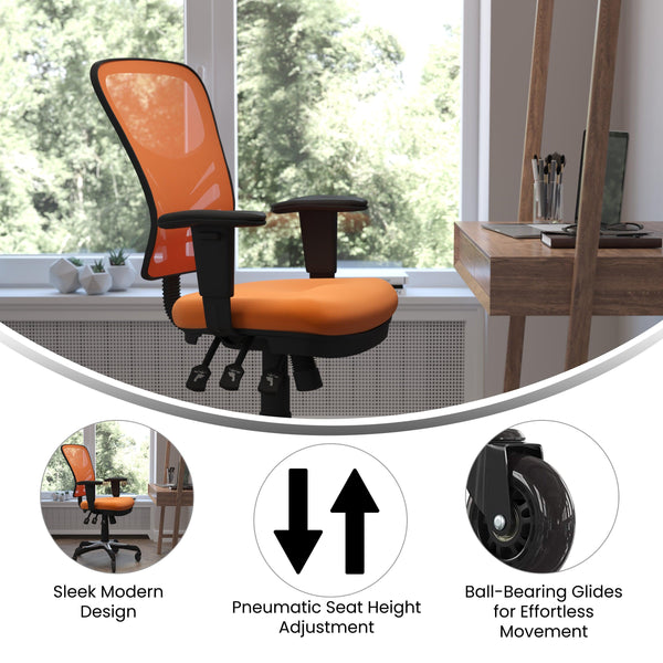 Orange/Black Frame |#| Mid-Back Ergonomic Multifunction Mesh Chair with Polyurethane Wheels-Orange