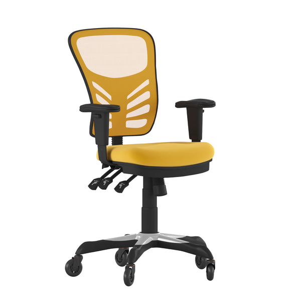 Yellow-Orange/Black Frame |#| Mid-Back Ergonomic Multifunction Mesh Chair with Polyurethane Wheels-Yellow