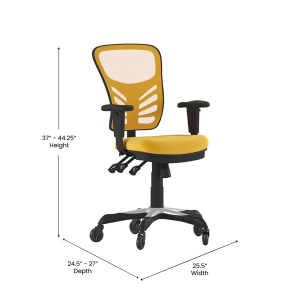 Yellow-Orange/Black Frame |#| Mid-Back Ergonomic Multifunction Mesh Chair with Polyurethane Wheels-Yellow