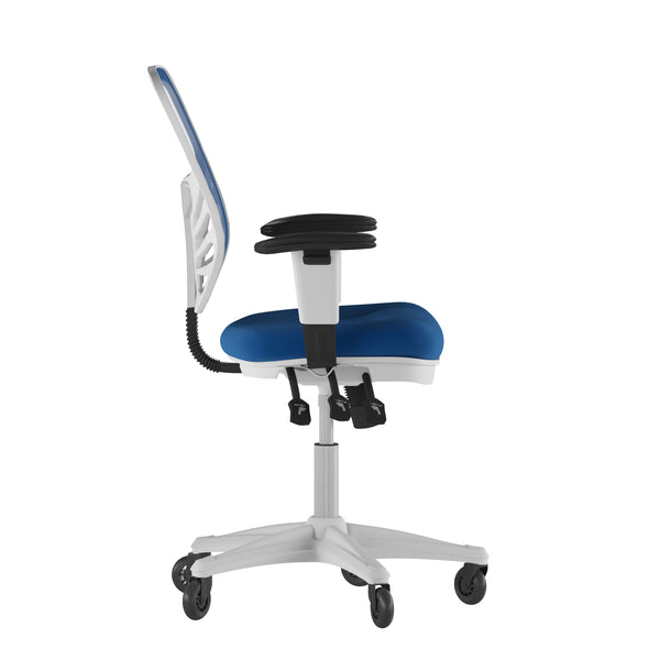 Blue Mesh/White Frame |#| Mid-Back Ergonomic Multifunction Mesh Chair with Polyurethane Wheels-Blue