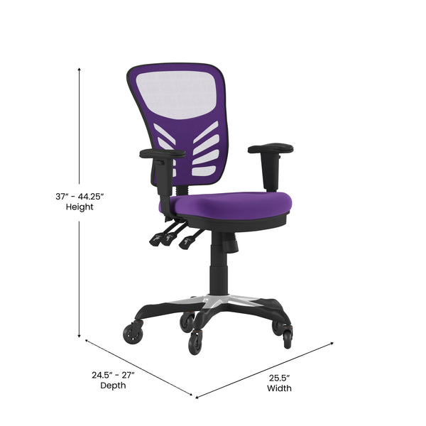 Purple/Black Frame |#| Mid-Back Ergonomic Multifunction Mesh Chair with Polyurethane Wheels-Purple