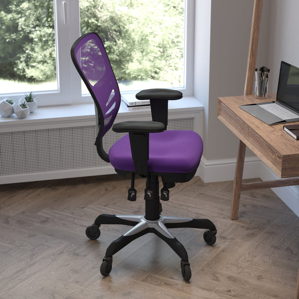 Purple/Black Frame |#| Mid-Back Ergonomic Multifunction Mesh Chair with Polyurethane Wheels-Purple