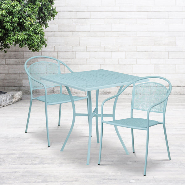 Sky Blue |#| 28inch Square Sky Blue Indoor-Outdoor Steel Patio Table Set - 2 Round Back Chairs