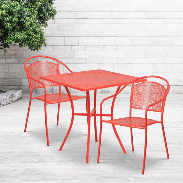 Coral |#| 28inch Square Coral Indoor-Outdoor Steel Patio Table Set with 2 Round Back Chairs