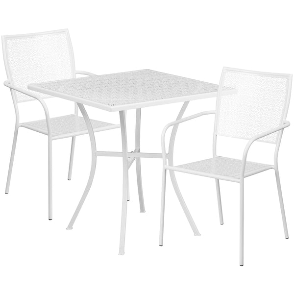 White |#| 28inch Square White Indoor-Outdoor Steel Patio Table Set with 2 Square Back Chairs