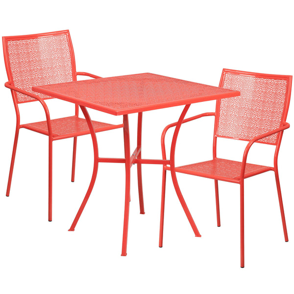 Coral |#| 28inch Square Coral Indoor-Outdoor Steel Patio Table Set with 2 Square Back Chairs
