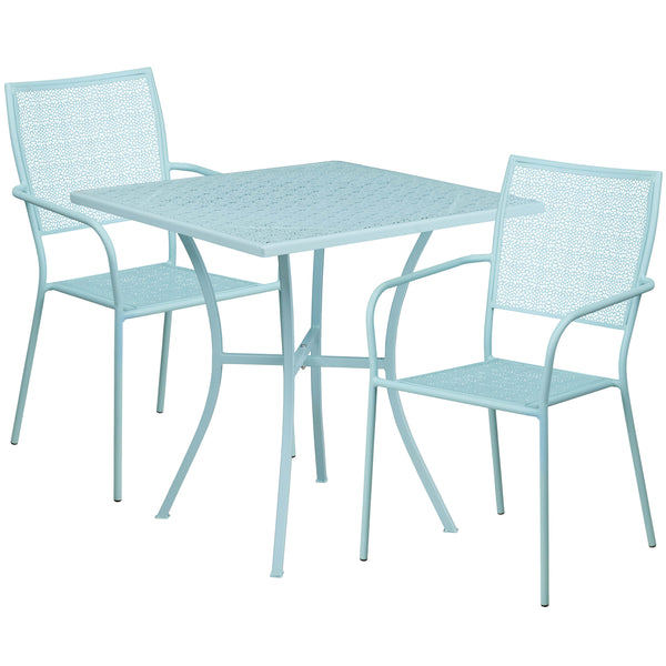 Sky Blue |#| 28inch Square Sky Blue Indoor-Outdoor Steel Patio Table Set - 2 Square Back Chairs