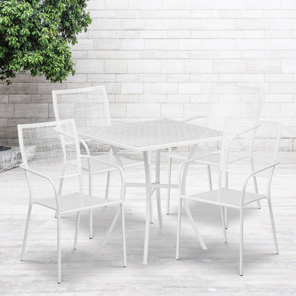 White |#| 28inch Square White Indoor-Outdoor Steel Patio Table Set with 4 Square Back Chairs