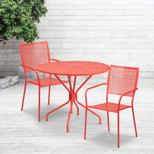 Coral |#| 35.25inch Round Coral Indoor-Outdoor Steel Patio Table Set w/ 2 Square Back Chairs