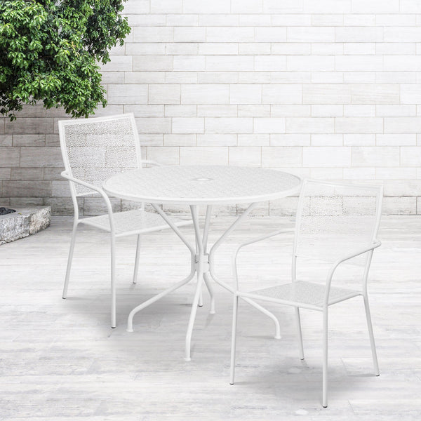 White |#| 35.25inch Round White Indoor-Outdoor Steel Patio Table Set w/ 2 Square Back Chairs