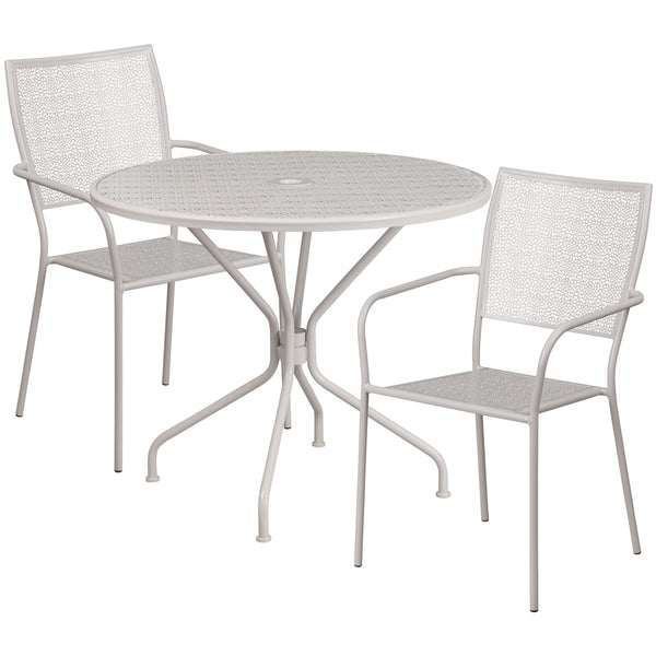 Light Gray |#| 35.25inch Round Lt Gray Indoor-Outdoor Steel Patio Table Set w/2 Square Back Chairs