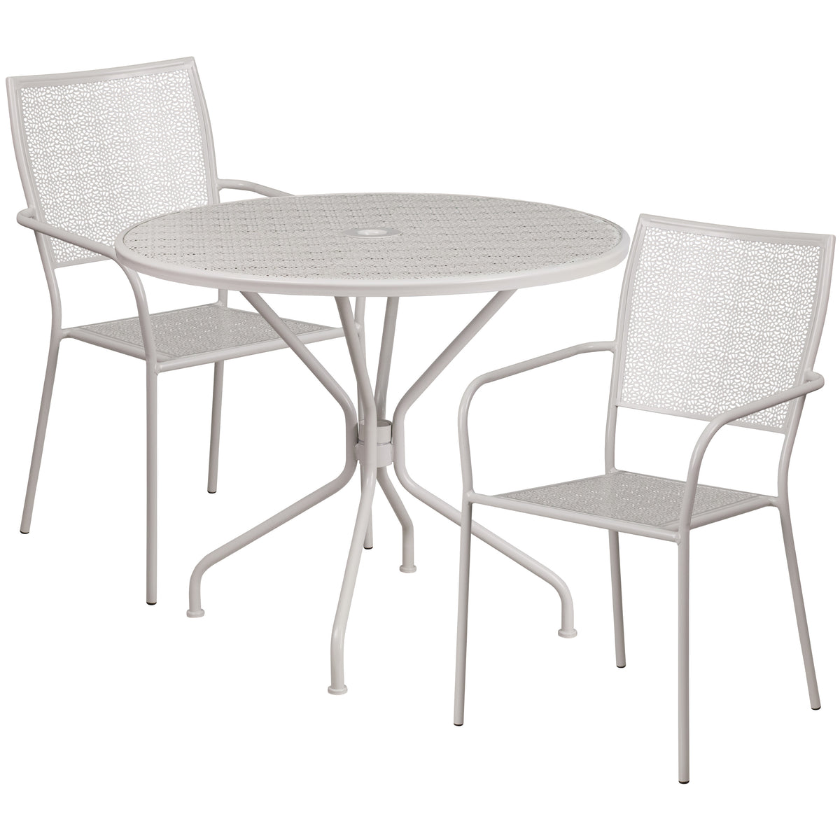 Light Gray |#| 35.25inch Round Lt Gray Indoor-Outdoor Steel Patio Table Set w/2 Square Back Chairs