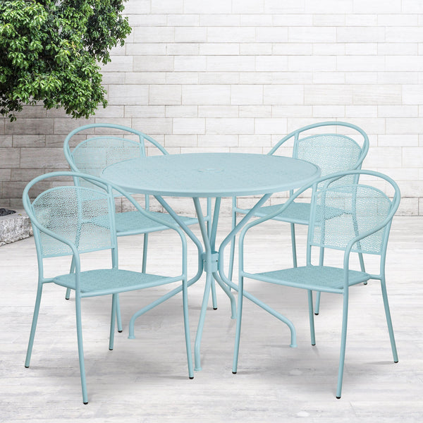 Sky Blue |#| 35.25inch RD Sky Blue Indoor-Outdoor Steel Patio Table Set with 4 Round Back Chairs