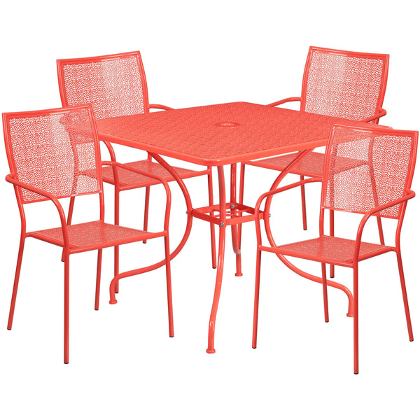 Coral |#| 35.5inch Square Coral Indoor-Outdoor Steel Patio Table Set w/ 4 Square Back Chairs