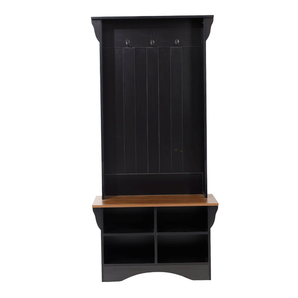 Walnut Seat/Black Frame |#| 31.5" Wide 3 Hook Hallway Tree with Divided Under Bench Storage-Black/Walnut