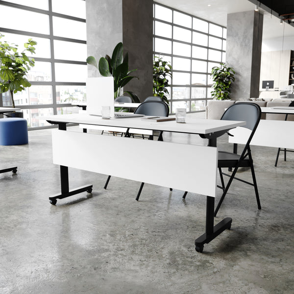 White Top/Black Frame |#| Commercial Nesting Flip Training Table with Steel Frame and T-Legs in White/Blk