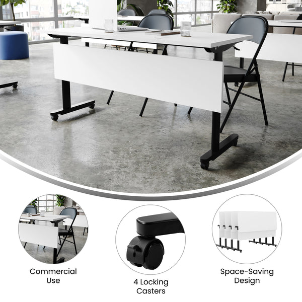 White Top/Black Frame |#| Commercial Nesting Flip Training Table with Steel Frame and T-Legs in White/Blk