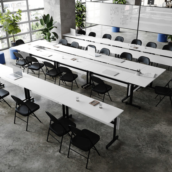 White Top/Black Frame |#| Commercial Nesting Flip Training Table with Steel Frame and T-Legs in White/Blk