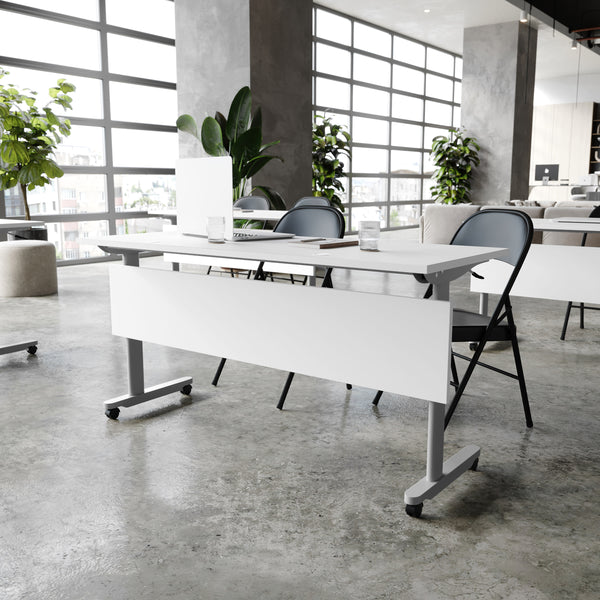 White Top/Gray Frame |#| Commercial Nesting Flip Training Table with Steel Frame and T-Legs in White/Gray