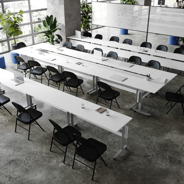 White Top/Gray Frame |#| Commercial Nesting Flip Training Table with Steel Frame and T-Legs in White/Gray