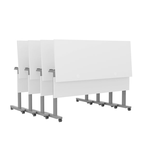 White Top/Gray Frame |#| Commercial Nesting Flip Training Table with Steel Frame and T-Legs in White/Gray
