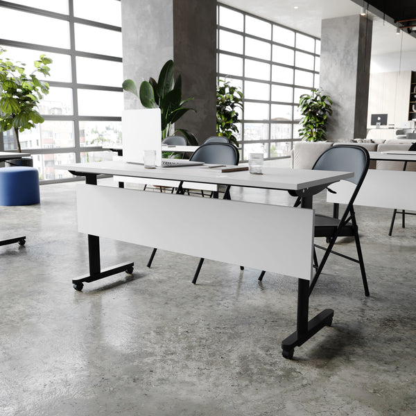 Gray Top/Black Frame |#| Commercial Nesting Flip Training Table with Steel Frame and T-Legs in Gray/Black
