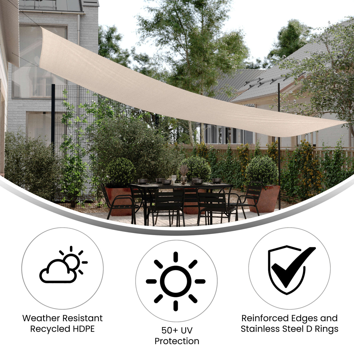 Weather Resistant 20 FT Rectangle Sun Shade Canopy with Included Nylon Ropes-Sand