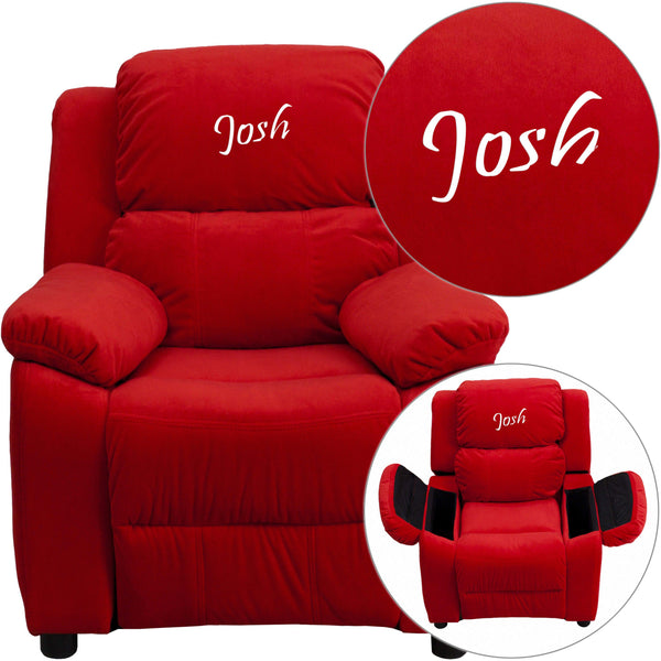 Red Microfiber |#| Personalized Deluxe Padded Red Microfiber Kids Recliner with Storage Arms