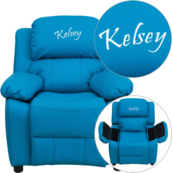 Turquoise Vinyl |#| Personalized Deluxe Padded Turquoise Vinyl Kids Recliner with Storage Arms